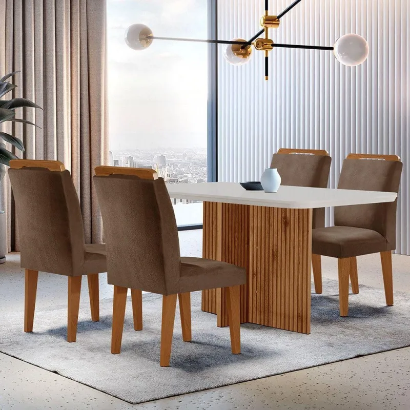 Mesa Olimpia 120cm Mdf Canto Reto  4 Cadeiras Athenas - Moderna