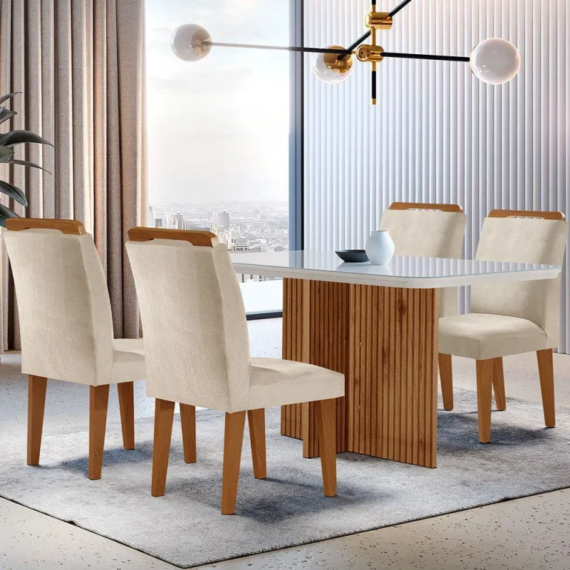 Sala De Jantar Mesa 120cm - Mdf Vidro Canto Copo 4 Cadeiras - Moderna
