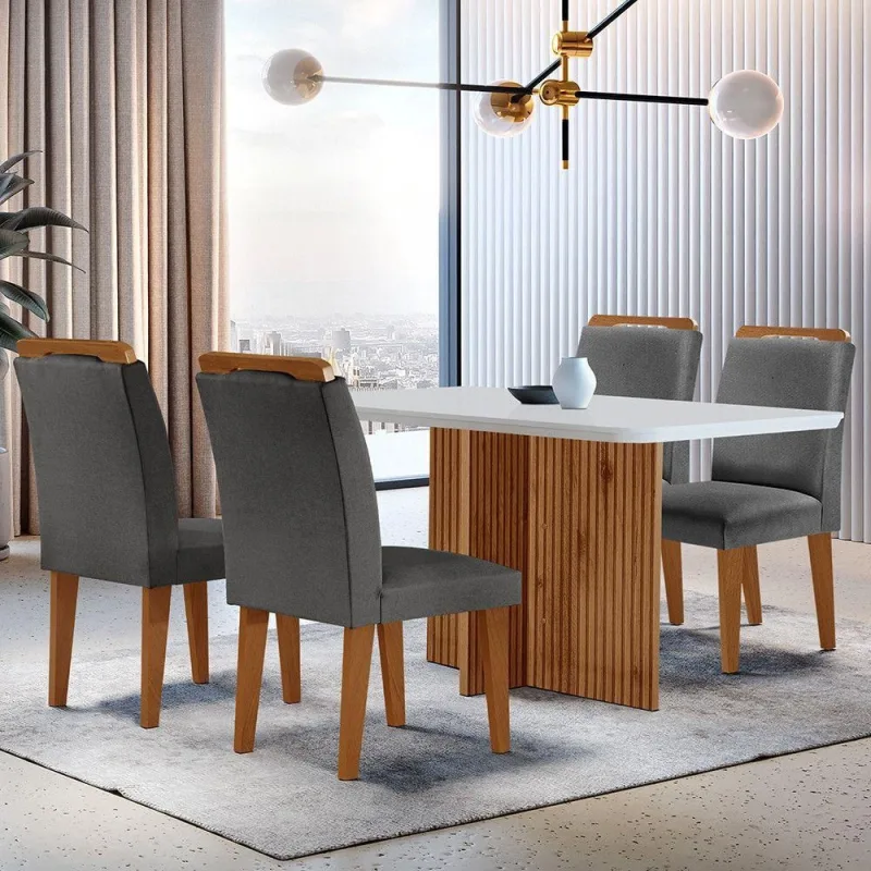 Mesa Olímpia 120cm Mdf Canto Copo Com 4 Cadeiras Athenas - Moderna