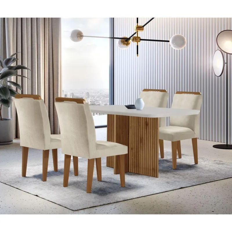 Sala De Jantar Mesa + 4 Cadeiras Creme Off White E Imbuia - Moderna