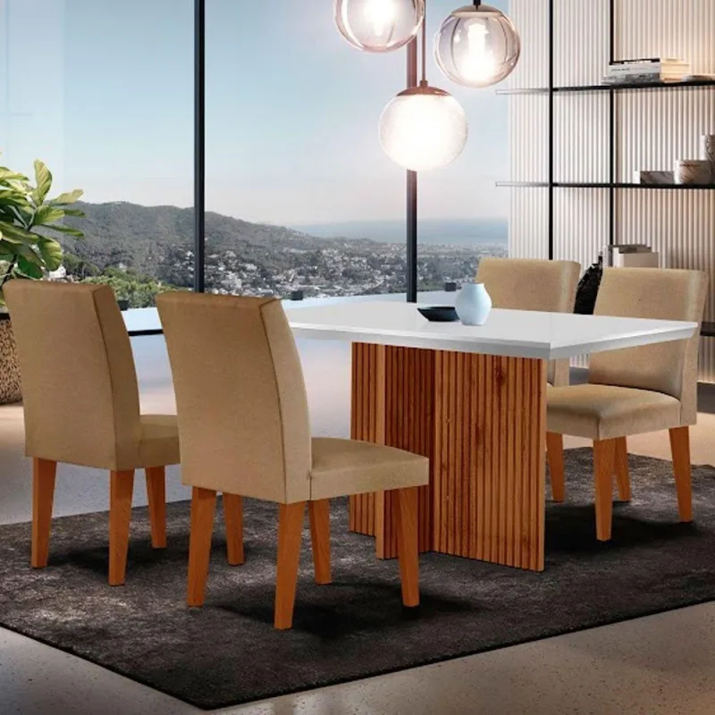 Mesa Olimpia 120 Mdf Canto Reto Com 4 Cadeiras. - Moderna