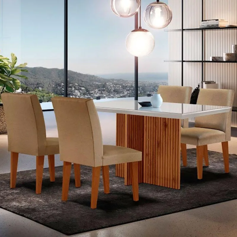 Mesa Olimpia 120 Mdf Vidro Canto Reto Com 4 Cadeiras - Moderna