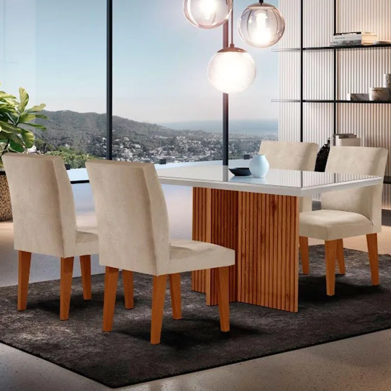 Sala De Jantar Mesa Olimpia Vidro Canto Reto Com 4 Cadeiras Creme/off White/imbuia Ripado - Moderna - Móveis
