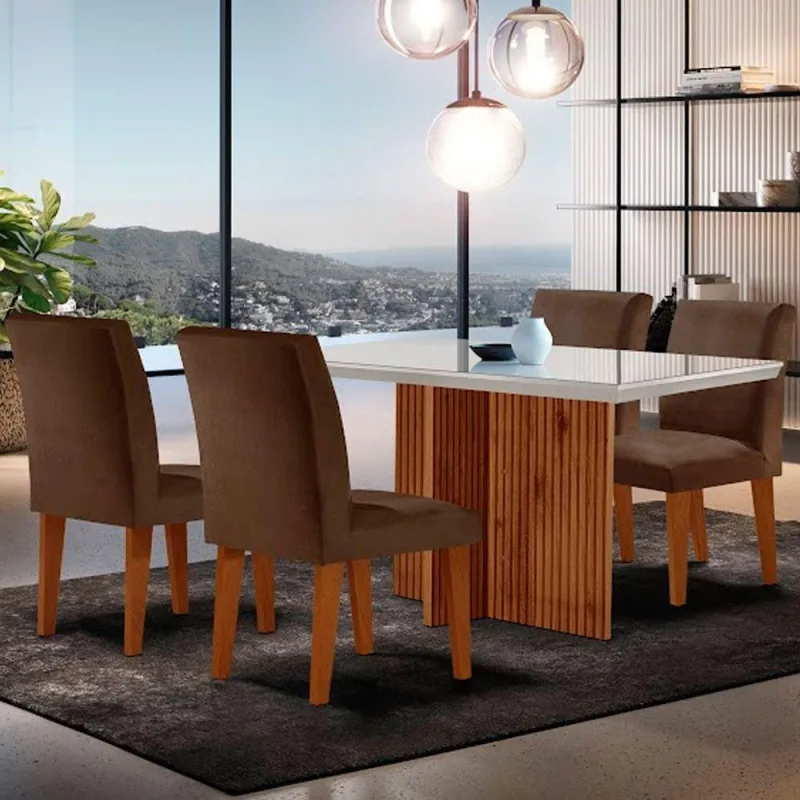 Sala De Jantar Mesa Olimpia Vidro Canto Reto Com 4 Cadeiras Marrom/off White/imbuia Ripado - Moderna
