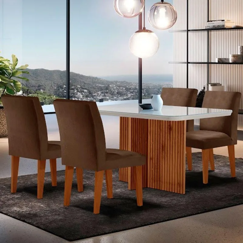 Mesa Olimpia 120 Mdf Vidro Canto Copo Com 4 Cadeiras. - Moderna