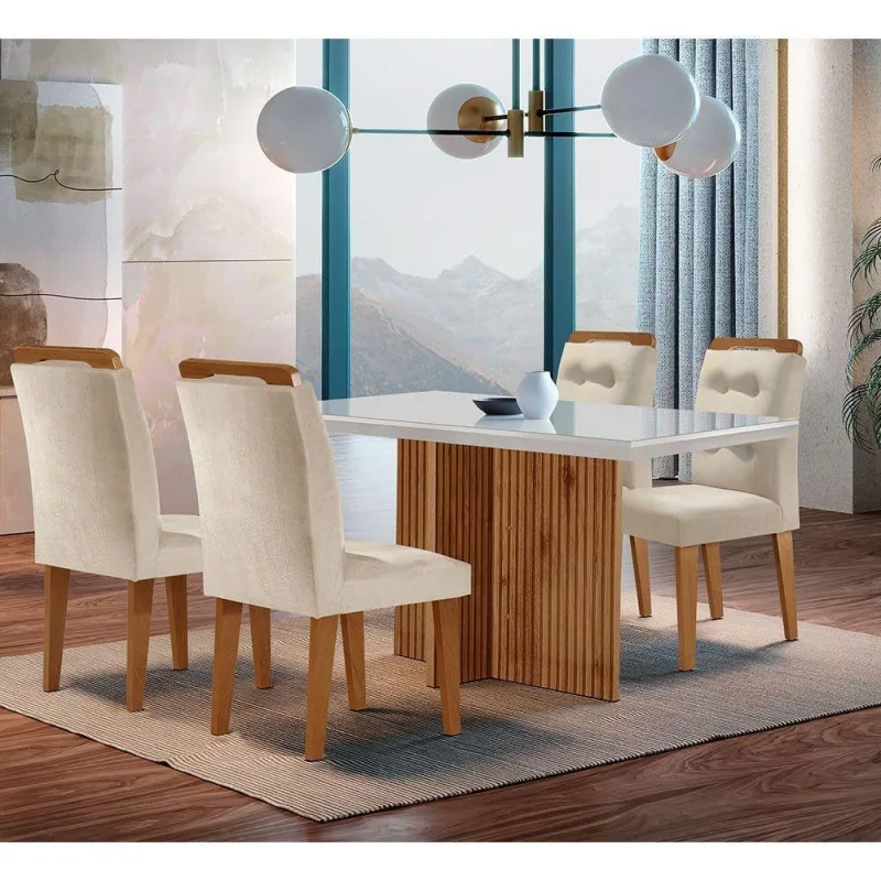 Sala De Jantar Mesa + 4 Cadeiras Creme Off White E Imbuia - Moderna