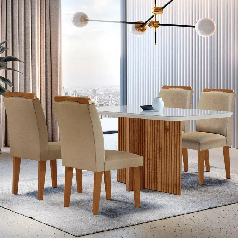 Sala De Jantar Mesa 120cm Mdf Vidro Canto Copo 4 Cadeiras - moderna