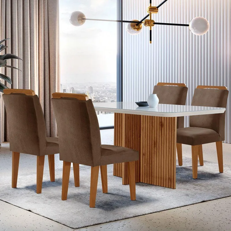 Sala De Jantar Mesa 120cm Mdf  - Vidro Canto Copo 4 Cadeiras - Moderna
