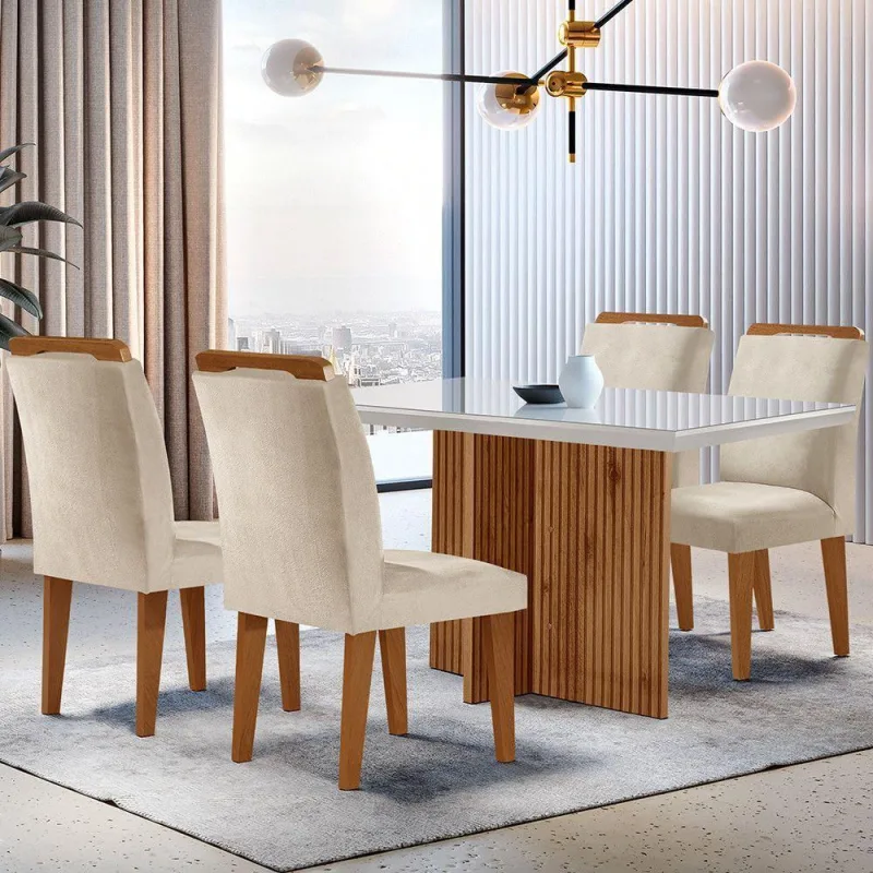 Mesa Olimpia 120cm Mdf Vidro Canto Reto Com 4 Cadeiras. - moderna - Móveis