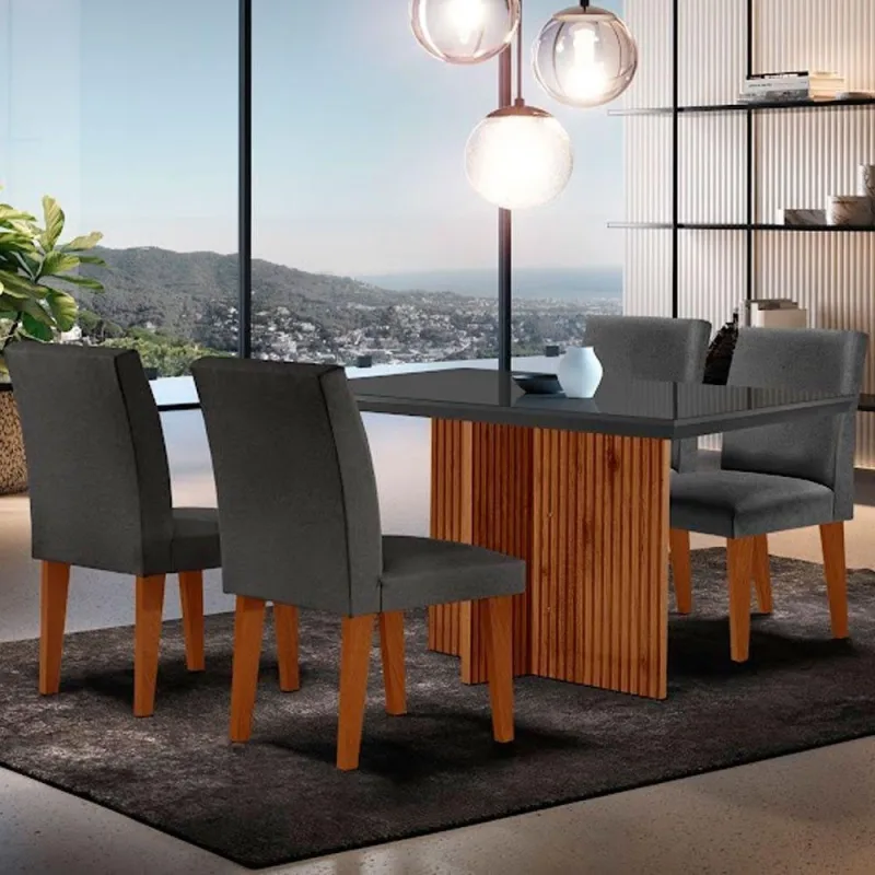 Mesa Olimpia 120mm Mdf Vidro Canto Reto Com 4 Cadeiras - Moderna