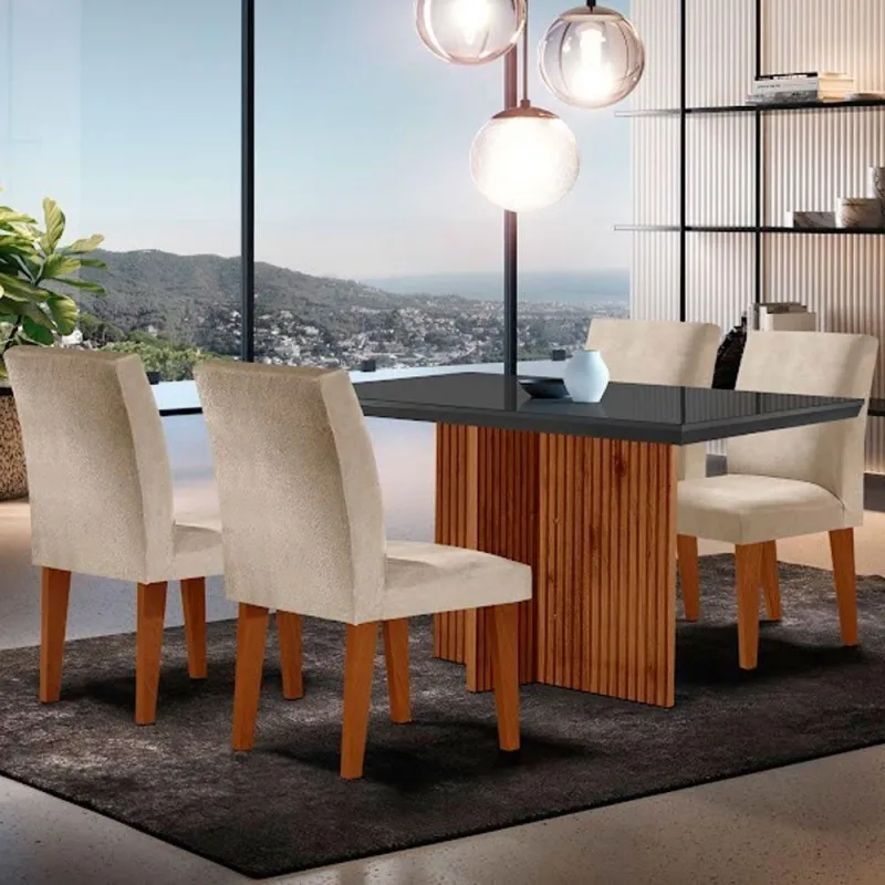 Mesa Olimpia 120mm Mdf Vidro Canto Reto Com 4 Cadeiras. - Moderna