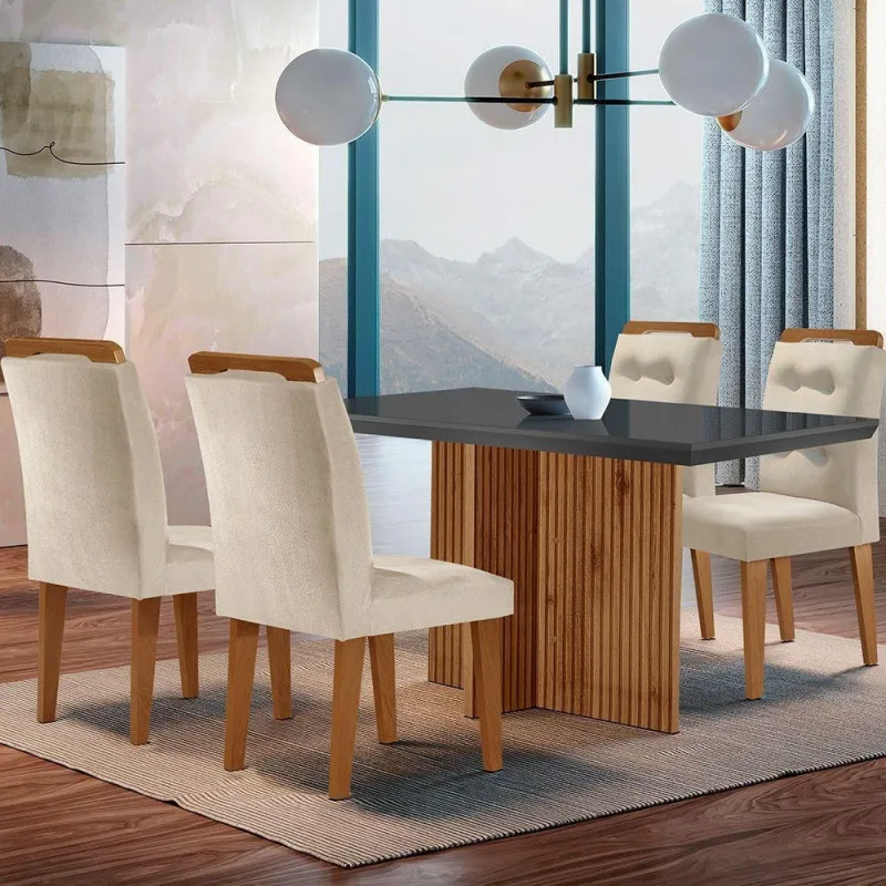 Mesa Olímpia 120cm Mdf Vidro Canto Reto Com 4 Cadeiras - Moderna - Móveis