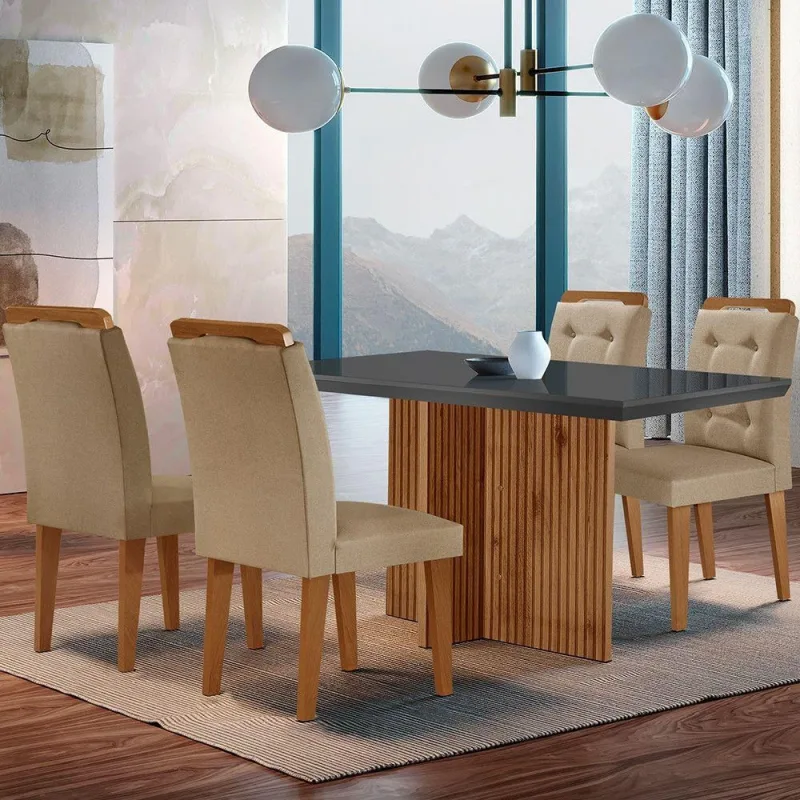 Mesa Olímpia 120cm Mdf Vidro Canto Reto Com 4 Cadeiras - Moderna