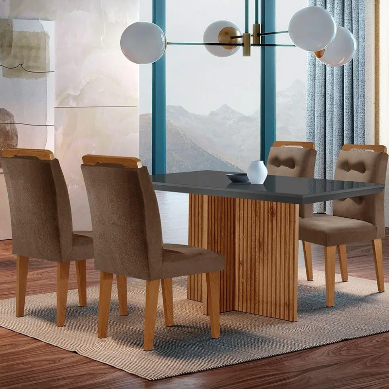 Mesa Olímpia 120cm Mdf Vidro Canto Reto -4 Cadeiras. - Moderna - Móveis