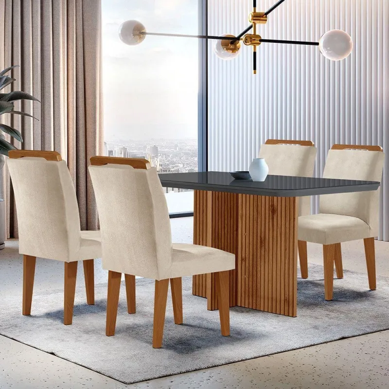 Sala De Jantar Mesa 120cm Mdf - Vidro Canto Copo 4 Cadeiras. - Moderna