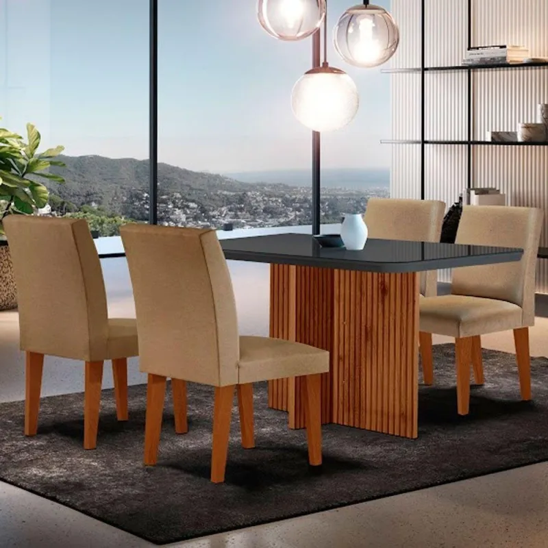 Mesa Olimpia 120 Mdf Vidro Canto Copo Com 4 Cadeiras - Moderna - Móveis