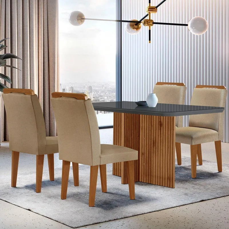 Mesa Olímpia 120cm Mdf Vidro Canto Copo Com 4 Cadeiras. - Moderna - Móveis