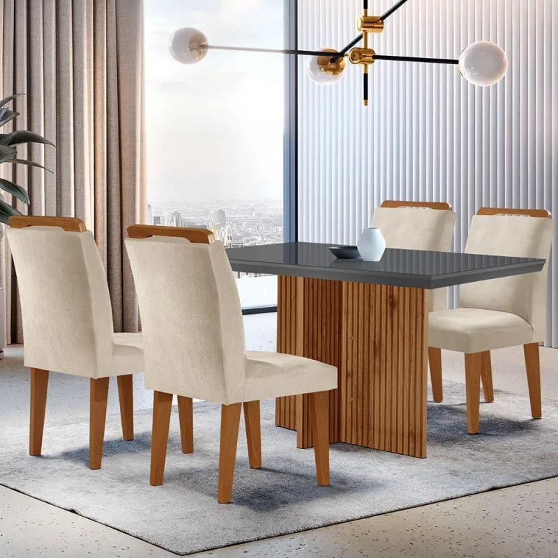 Sala De Jantar Mesa 120cm  Vidro Canto Reto 4 Cadeiras. - Moderna - Móveis