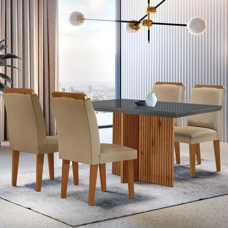 Mesa Olímpia 120cm Mdf Vidro Canto Reto Com 4 Cadeiras. - Moderna - Móveis