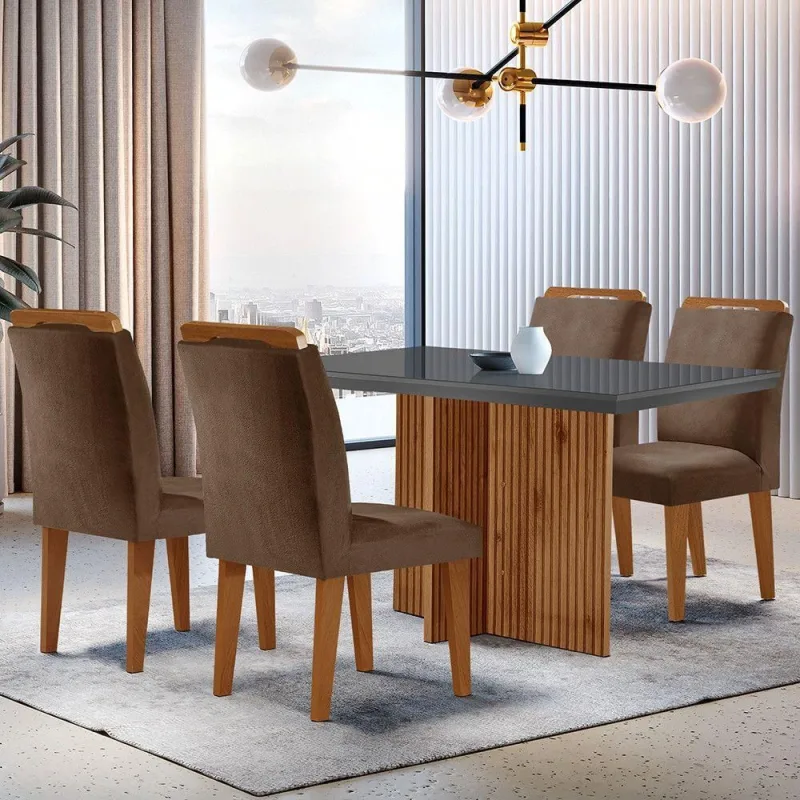 Sala De Jantar Mesa 120cm   Vidro Canto Reto 4 Cadeiras - Moderna