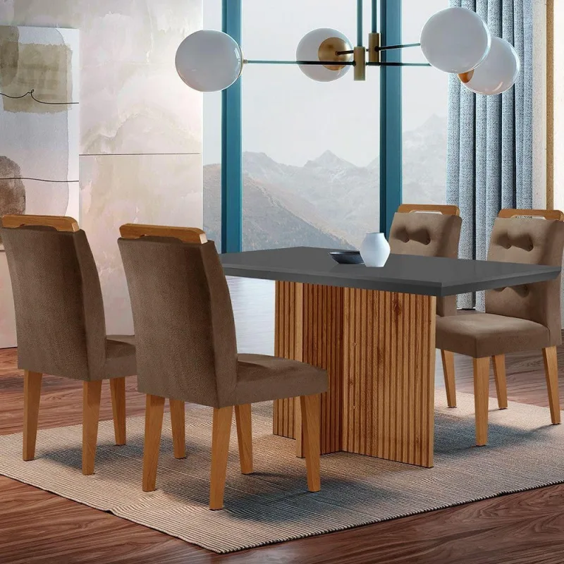 Mesa Olímpia 120cm Mdf Canto Reto Com 4 Cadeiras Carol - Moderna