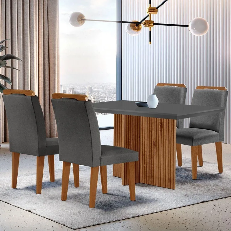 Sala De Jantar Mesa 120cm Mdf Canto Reto Com 4 Cadeiras - Moderna
