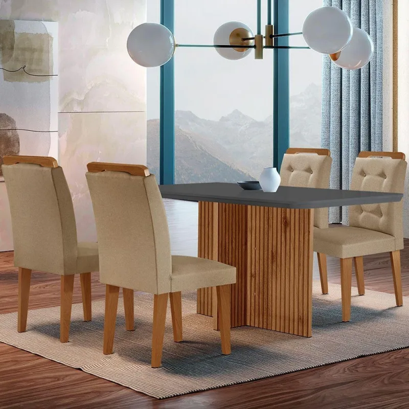Mesa Olímpia 120cm Mdf Canto Copo  4 Cadeiras Carol - Moderna