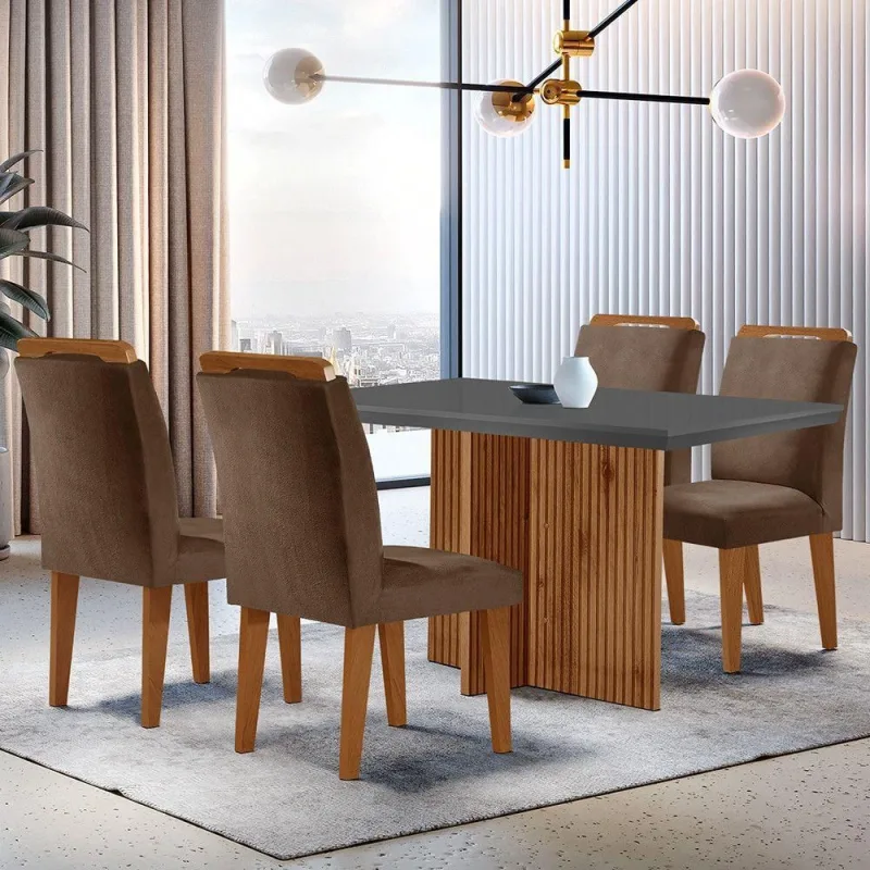 Sala De Jantar Mesa 120cm Mdf Canto Reto Com 4 Cadeira - Moderna