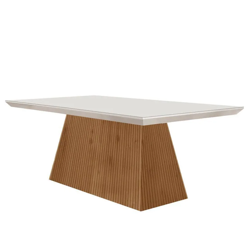Mesa Para Sala De Jantar Aida 180cm Em Mdf E Vidro Off White Imbuia Ripado - Moderna