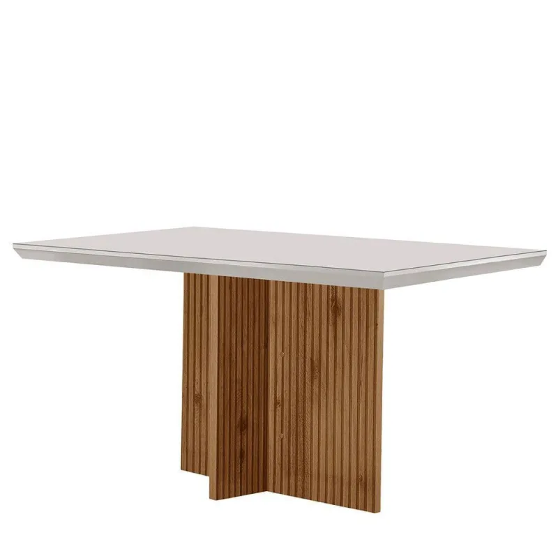 Mesa Para Sala De Jantar Olimpia 120cm Em Mdf E Vidro Off White Imbuia Ripado - Moderna - Móveis
