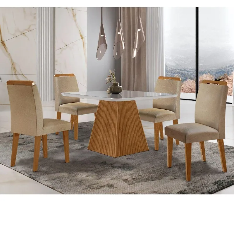 Sala De Jantar Aida 90 Tampo Mdf Canto Copo E Vidro Turim 07 / Off White / Naturale Rip - Moderna
