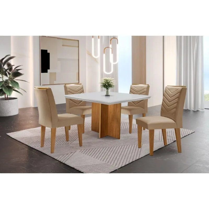 Conjunto Mesa Olímpia 90cm Em Mdf 4 Cadeiras Off White - Moderna - Móveis