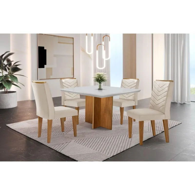 Conjunto Mesa Olímpia 90cm Em Mdf 4 Cadeiras off White - Moderna