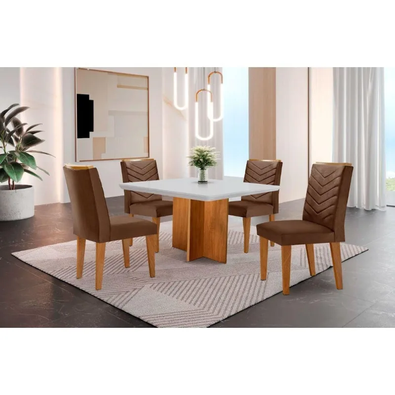 Conjunto Mesa Olímpia 90cm Tampo Mdf 4 Cadeiras Marrom - Moderna