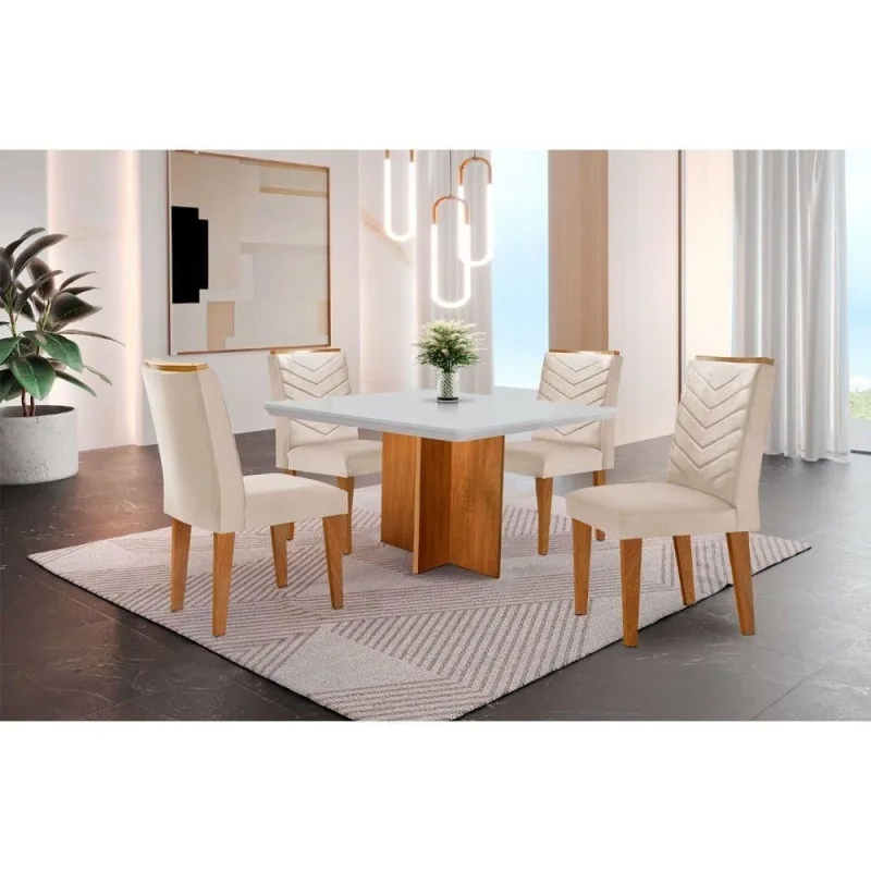 Conjunto Mesa Olímpia 90cm Tampo Mdf 4 Cadeiras Creme - moderna