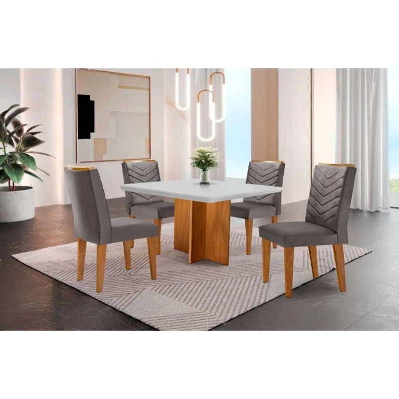 Conjunto Mesa Olímpia 90cm Tampo Mdf 4 Cadeiras Off White - Acabamento com Alta Qualidade - Moderna - Móveis