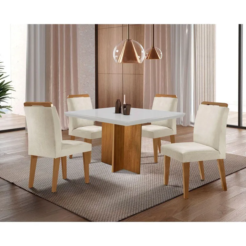 Conjunto Sala De Jantar Mesa Olimpia E 4 Cadeiras Athenas Vel.creme /off White/imbuia - Moderna - Móveis