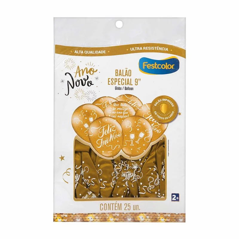 Balão para Festa Dourado Ano Novo n°9 Festcolor com 25 unidades