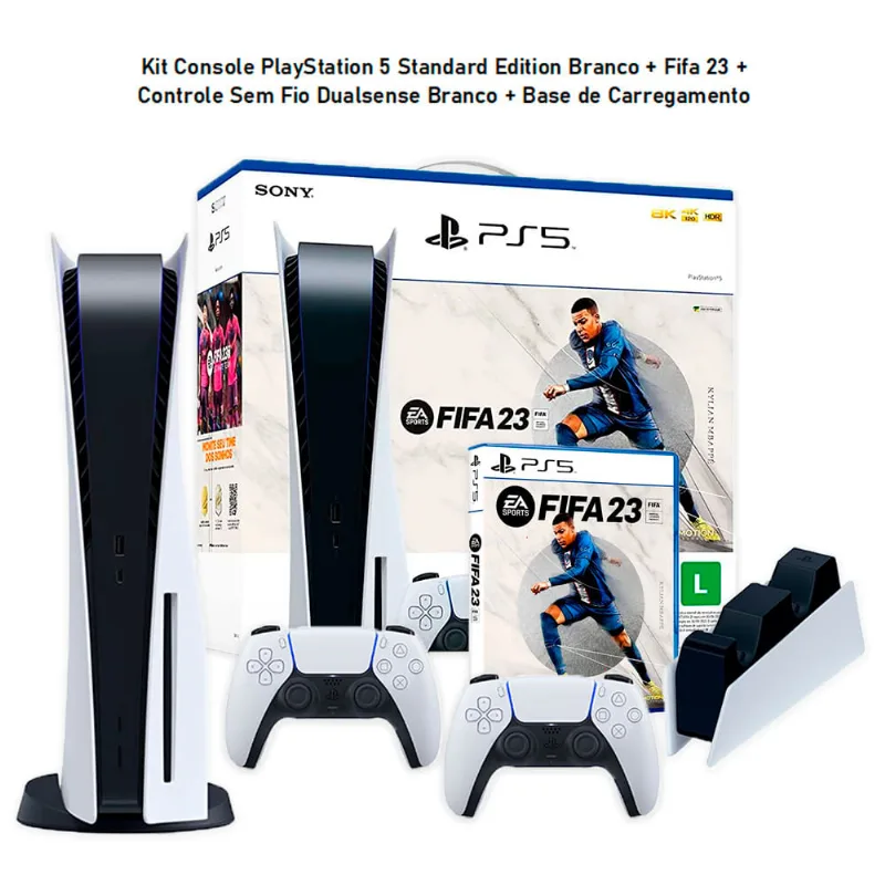 Kit Console PlayStation 5 Standard Edition Branco + Fifa 23 + Controle Sem Fio Dualsense Branco + Base de Carregamento 800000154