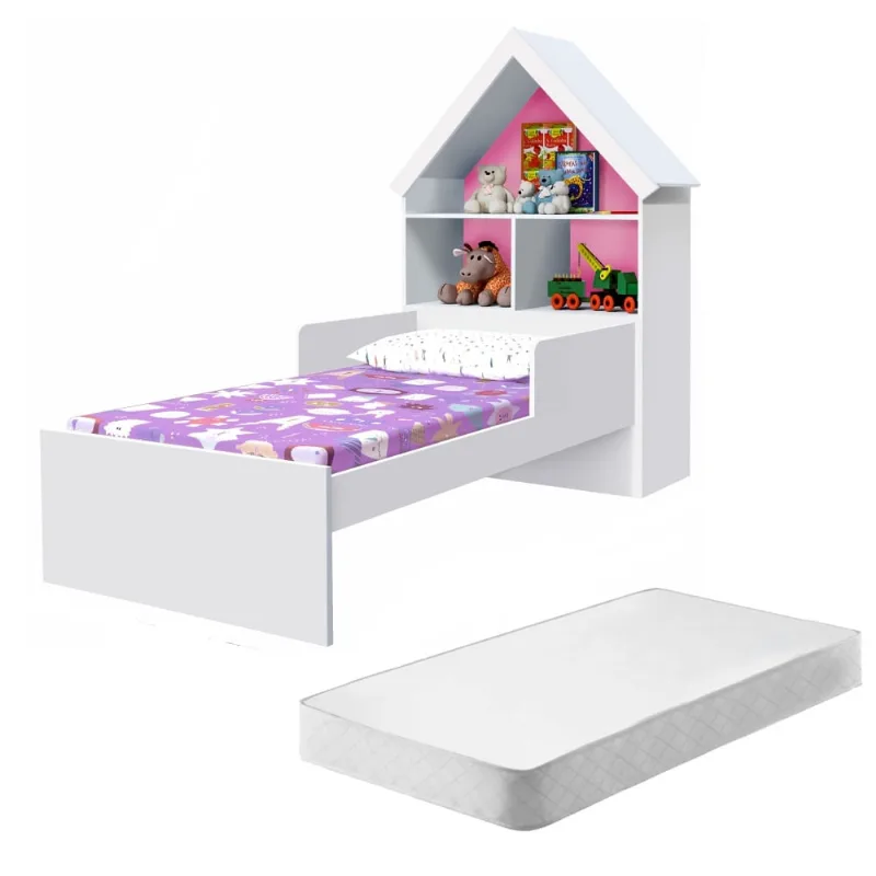 Cama Infantil Casa Enzo Branco Rosa com Colchão