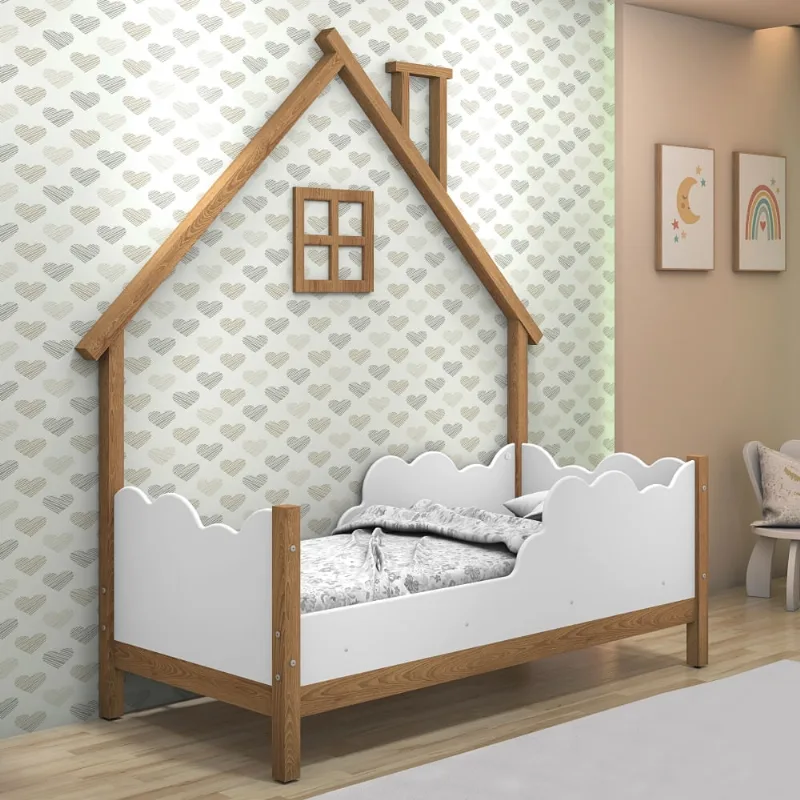 Cama Infantil Nuvens e Moldura Casinha Home Freijó e Branco