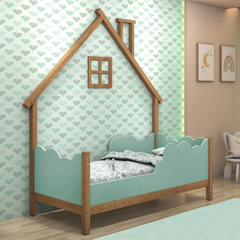 Cama Infantil Nuvens e Moldura Casinha Home Freijó e Menta