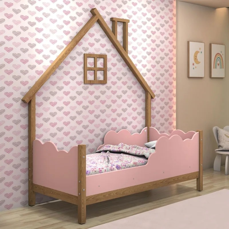 Cama Infantil Nuvens e Moldura Casinha Home Freijó e Rosê