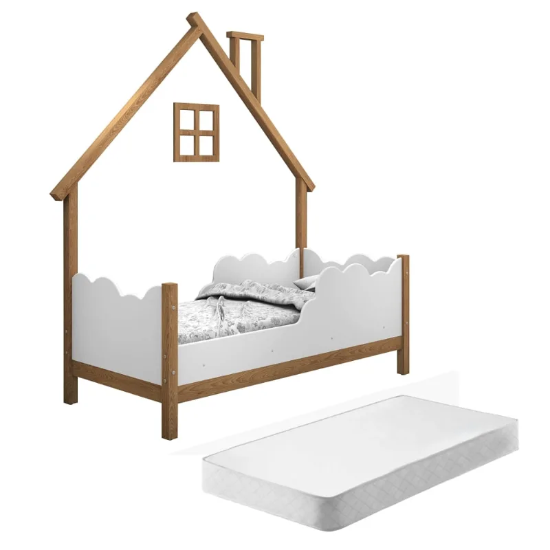 Cama Infantil Nuvens e Moldura Casinha Home Freijó e Branco com Colchão