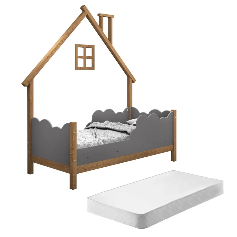Cama Infantil Nuvens e Moldura Casinha Home Freijó e Cinza com Colchão