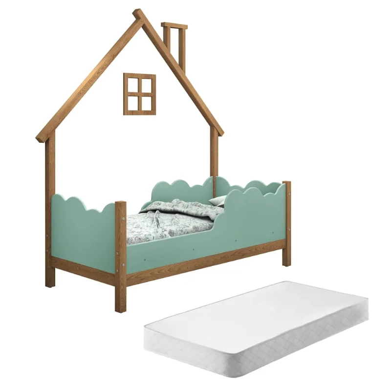 Cama Infantil Nuvens e Moldura Casinha Home Freijó e Menta com Colchão