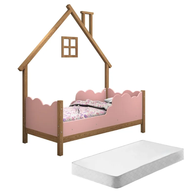 Cama Infantil Nuvens e Moldura Casinha Home Freijó e Rosê com Colchão