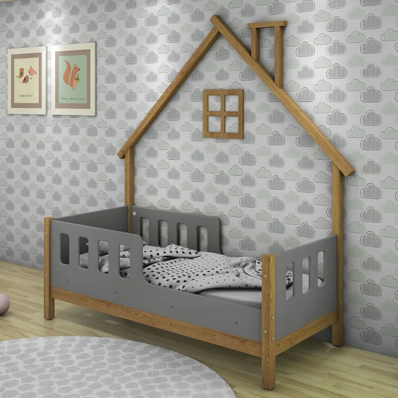 Cama Infantil com Moldura Casinha Dream Freijó e Cinza