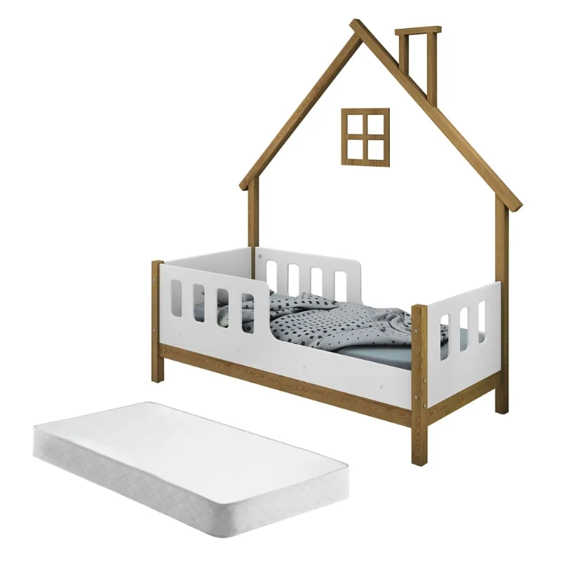 Cama Infantil com Moldura Casinha Dream Freijó e Branco com Colchão
