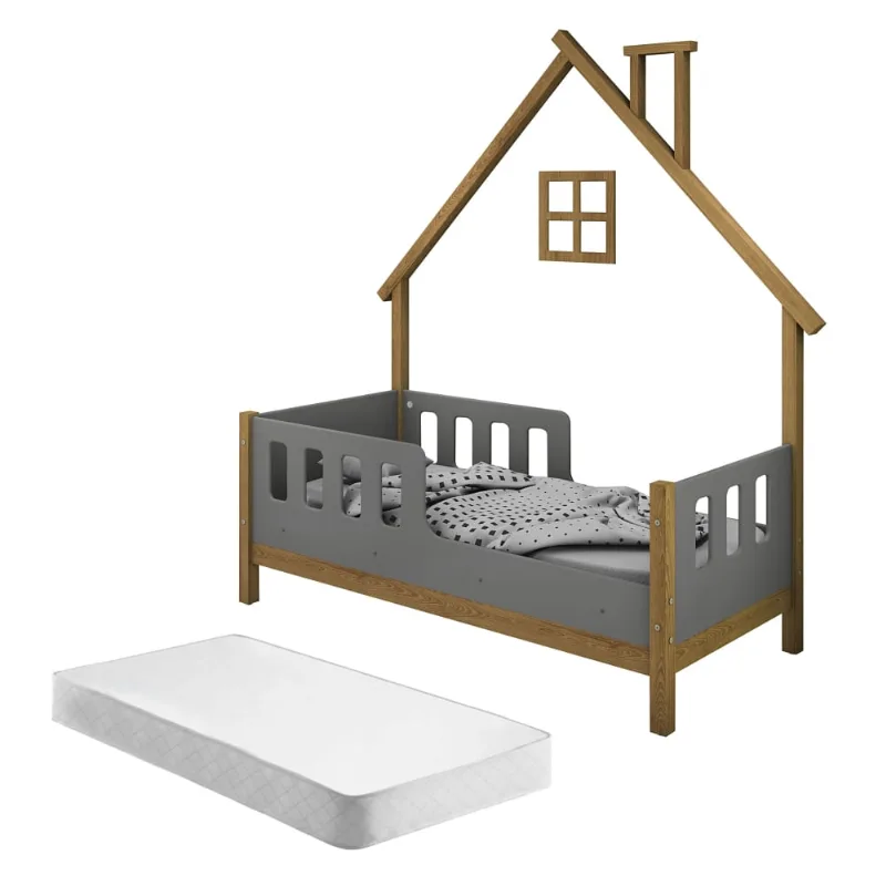 Cama Infantil com Moldura Casinha Dream Freijó e Cinza com Colchão